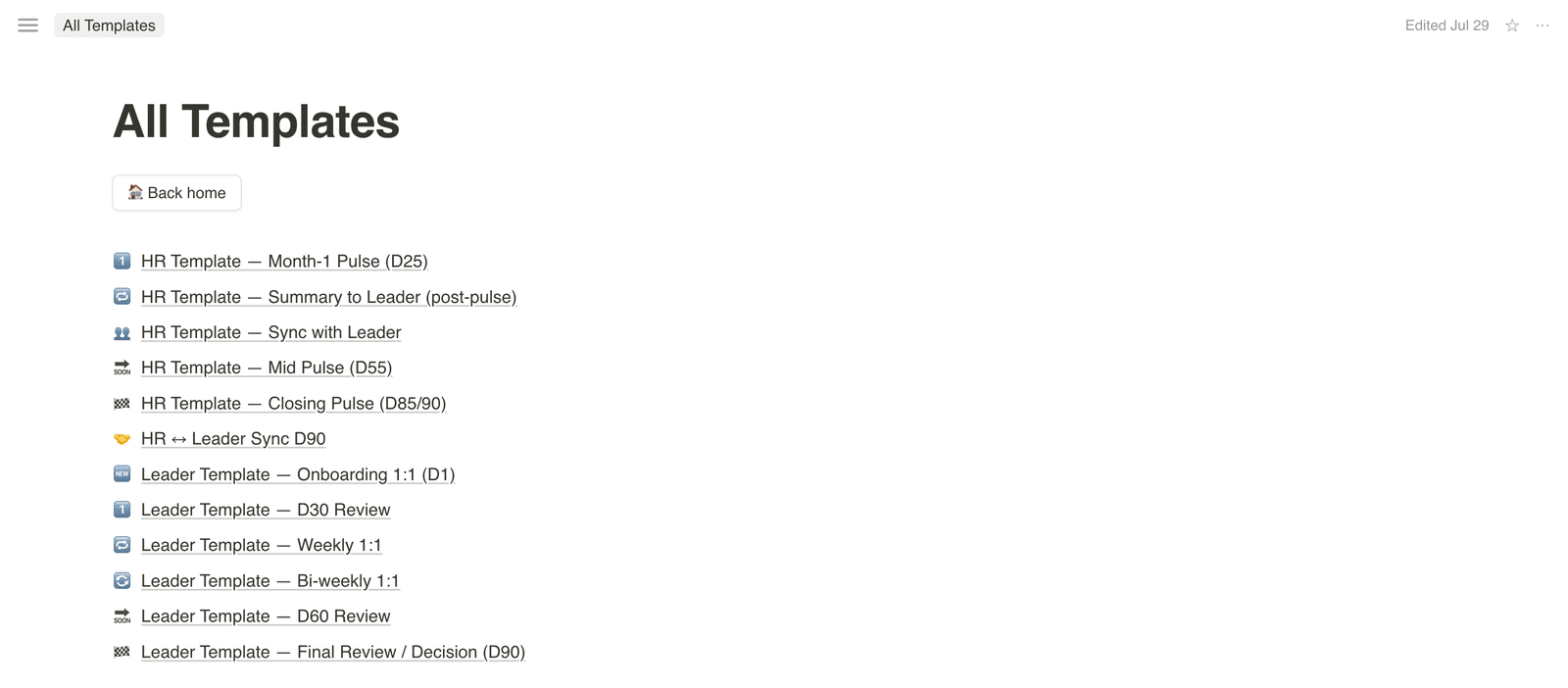 Template library — checklists and 1:1 templates for each stage of probation