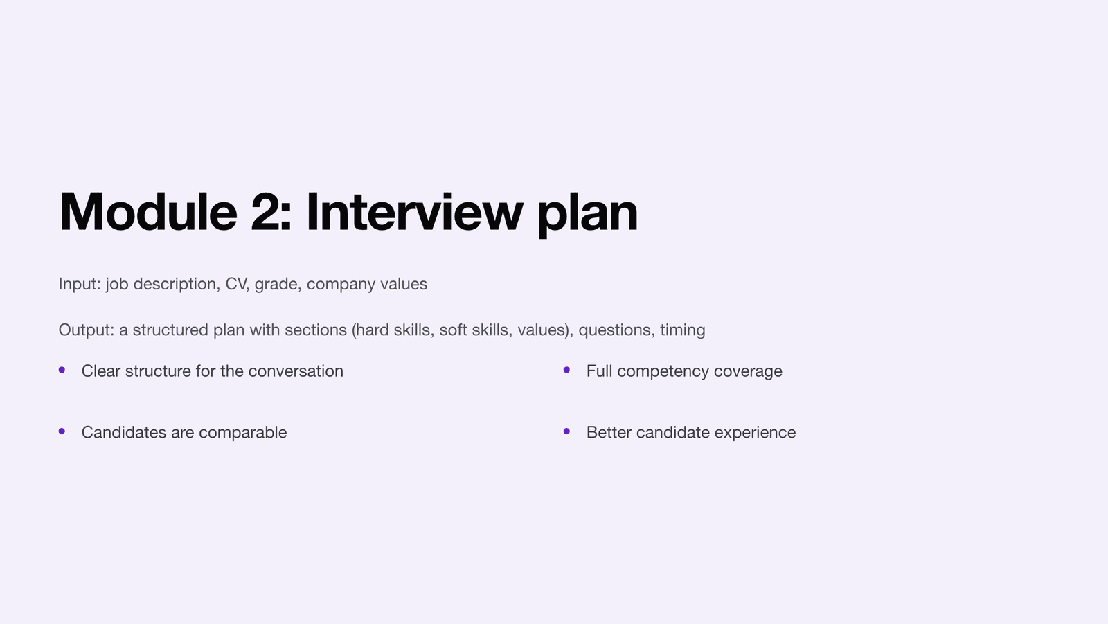 Interview plan module — a sectioned interview structure with questions and timing