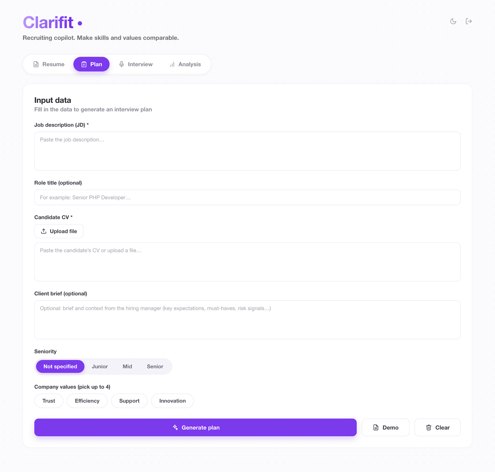 Clarifit — interview plan tab: the same inputs plus seniority and up to four company values