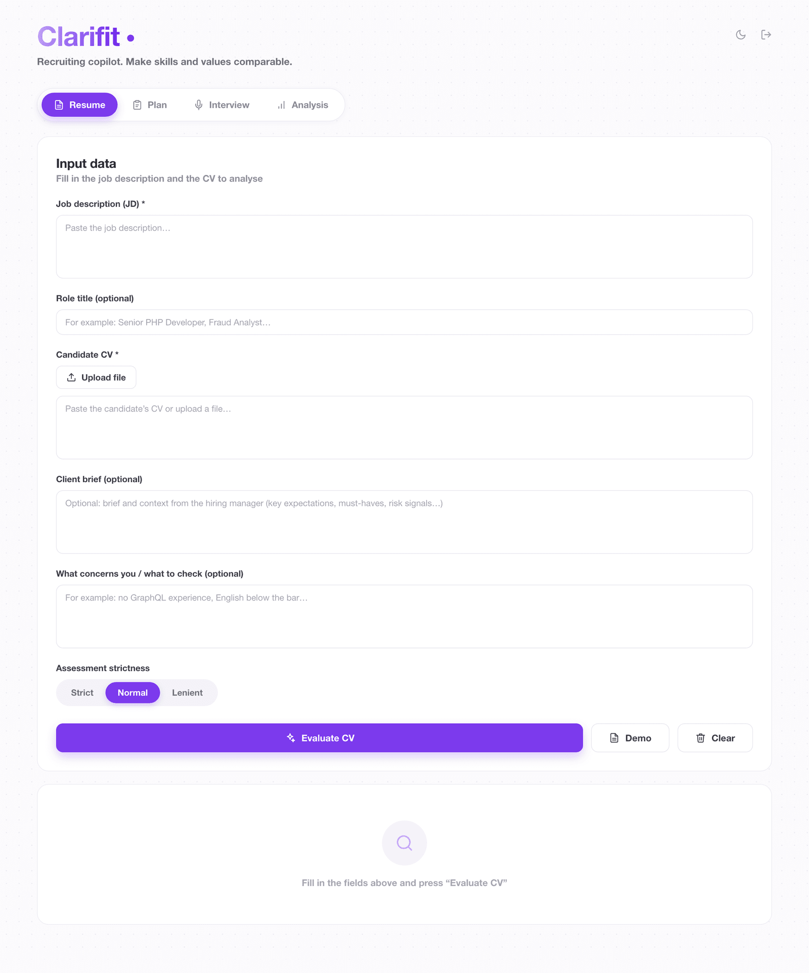 Clarifit — CV assessment tab: job description, role title, candidate CV, client brief, what to check, and assessment strictness