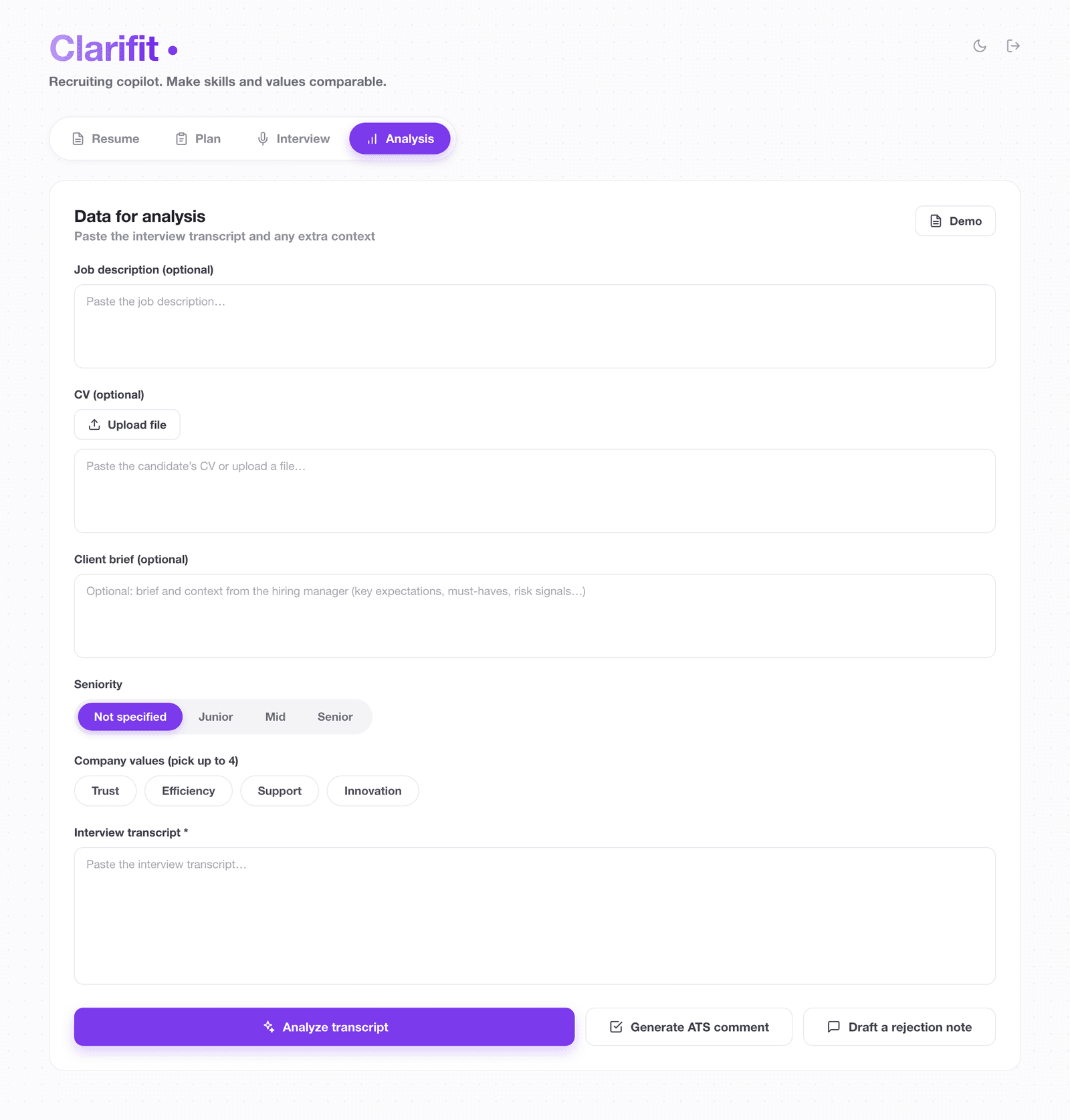 Clarifit — transcript analysis tab: paste the interview transcript, then analyse it, generate an ATS comment, or draft a rejection note